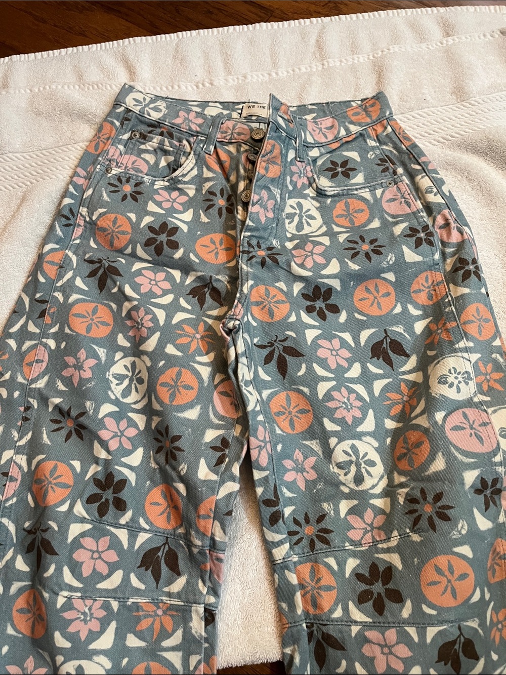 We The Free Floral Wide Leg Jeans in Blue, Peach & Pink